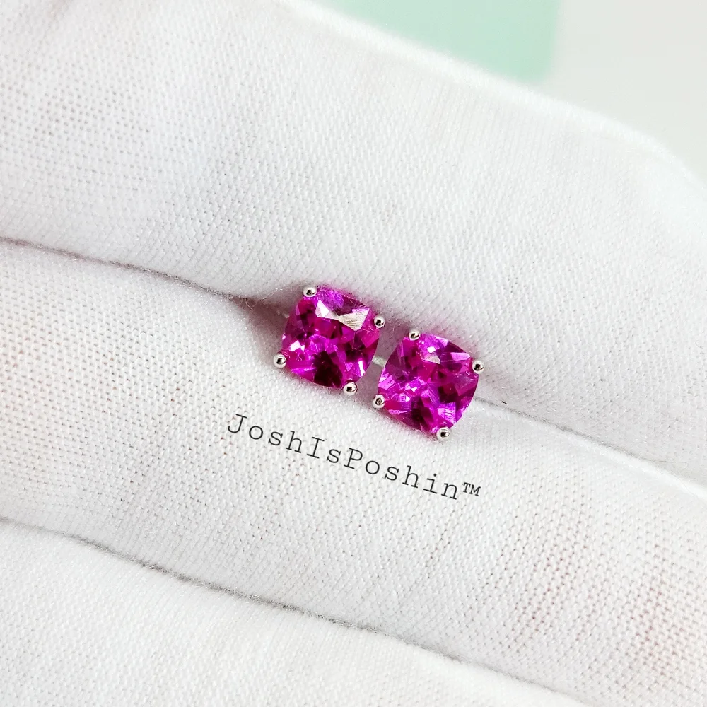 1.6CT. T.W. Cushion cut hot pink sapphire stud earrings in sterling silver